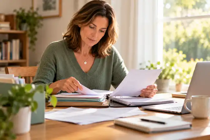 A woman at a kitchen table reading through folders of paperwork, a laptop and a mug beside her.