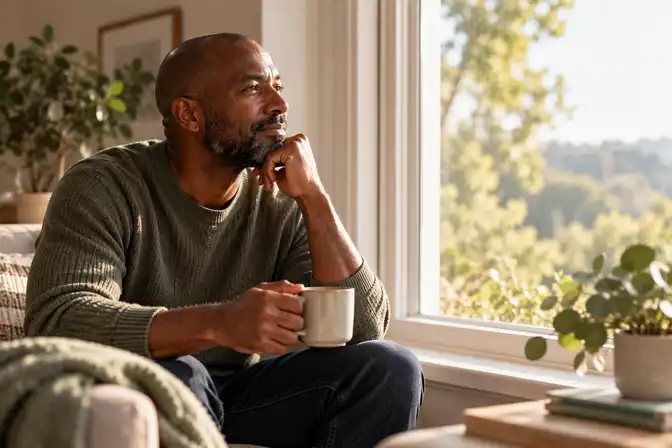 A man sitting by a sunny window with a mug in his hand, deep in thought.