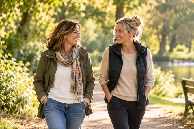 Two women laughing together as they walk along a path in a sunlit park.
